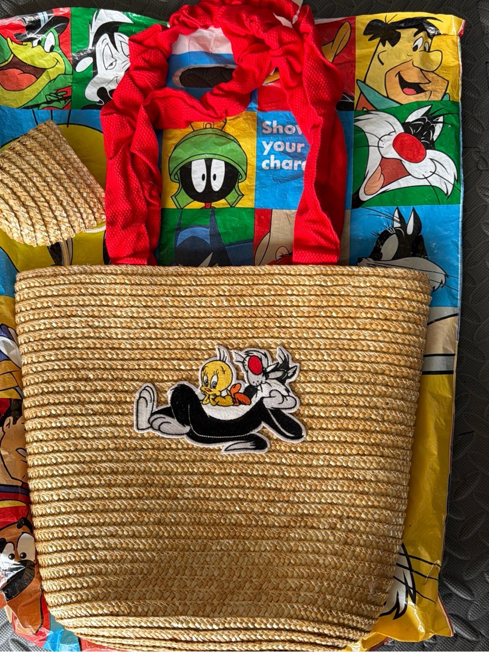 Straw Tote Bag with Tweety & Sylvester Patch - Red Trim
